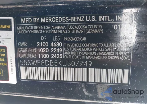 2019 Mercedes-Benz C 300 z USA, uszkodzony, nr VIN 55SWF8DB5KU307749